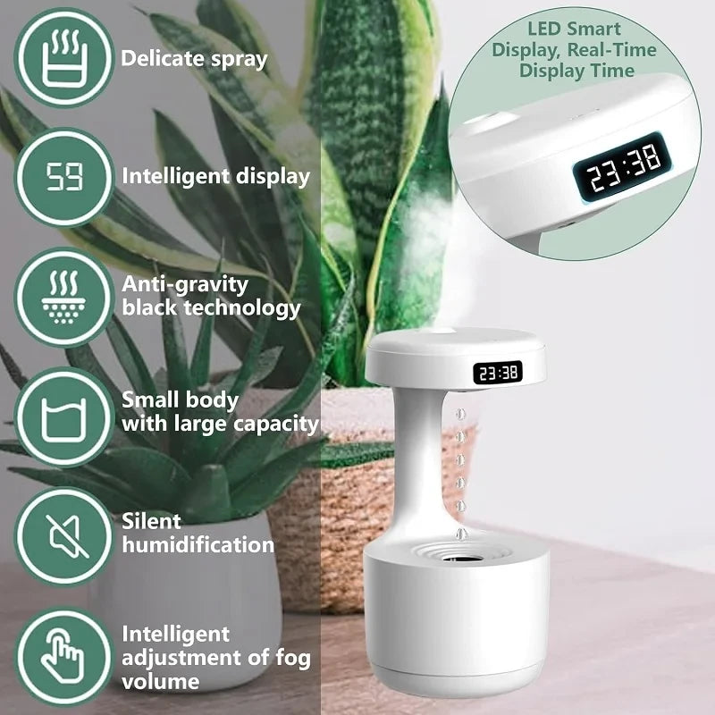 Bedroom Anti-Gravity Humidifier with Clock Water Drop Backflow Aroma Diffuser