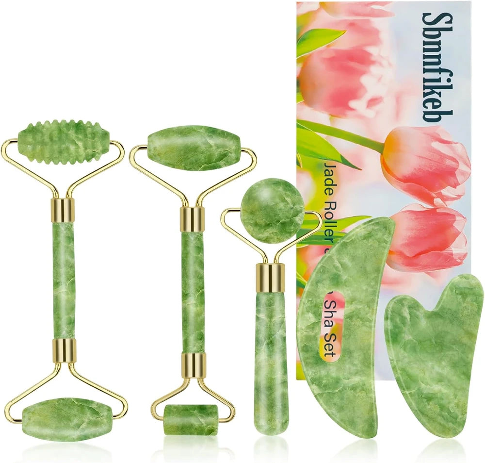 Jade Roller & Gua Sha Set 5-In-1, Full Body Massage Tools | Gua Sha Facial Tool Set Portable Cooling Xiuyan Jade Design for Skincare, Travel and Gifting.