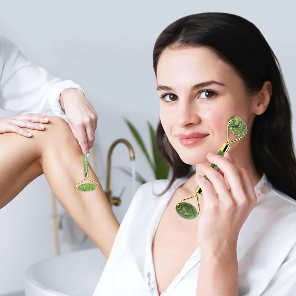 Jade Roller & Gua Sha Set 5-In-1, Full Body Massage Tools | Gua Sha Facial Tool Set Portable Cooling Xiuyan Jade Design for Skincare, Travel and Gifting.