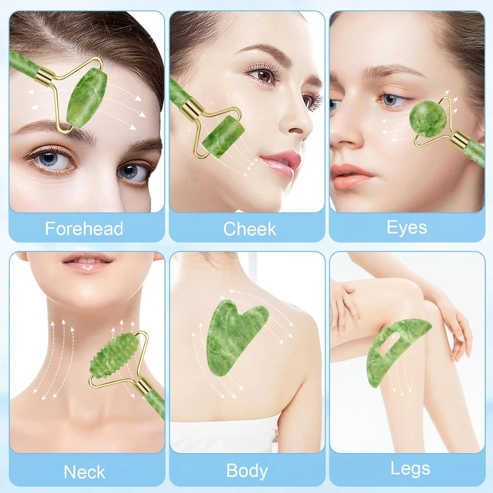 Jade Roller & Gua Sha Set 5-In-1, Full Body Massage Tools | Gua Sha Facial Tool Set Portable Cooling Xiuyan Jade Design for Skincare, Travel and Gifting.