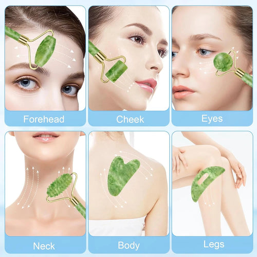 Jade Roller & Gua Sha Set 5-In-1, Full Body Massage Tools | Gua Sha Facial Tool Set Portable Cooling Xiuyan Jade Design for Skincare, Travel and Gifting.