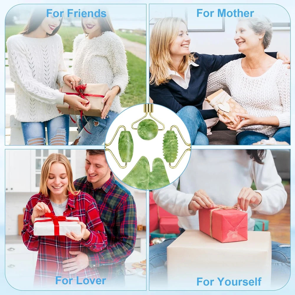 Jade Roller & Gua Sha Set 5-In-1, Full Body Massage Tools | Gua Sha Facial Tool Set Portable Cooling Xiuyan Jade Design for Skincare, Travel and Gifting.